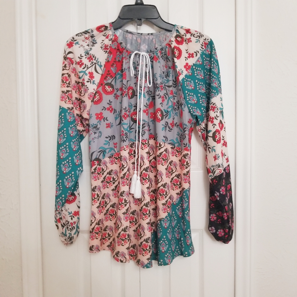 Boho, Floral "Patchwork Design " Granny Cottage Core Peasant Blouse